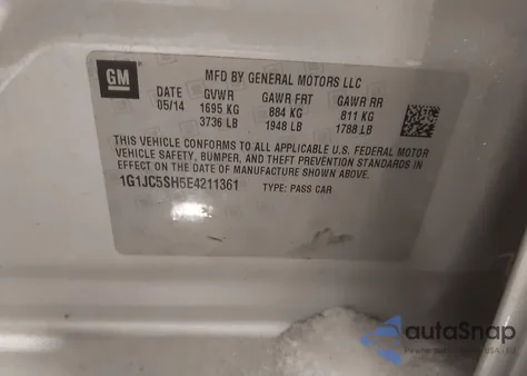 2014 Chevrolet Sonic Lt Auto from USA, damaged, VIN 1G1JC5SH5E4211361